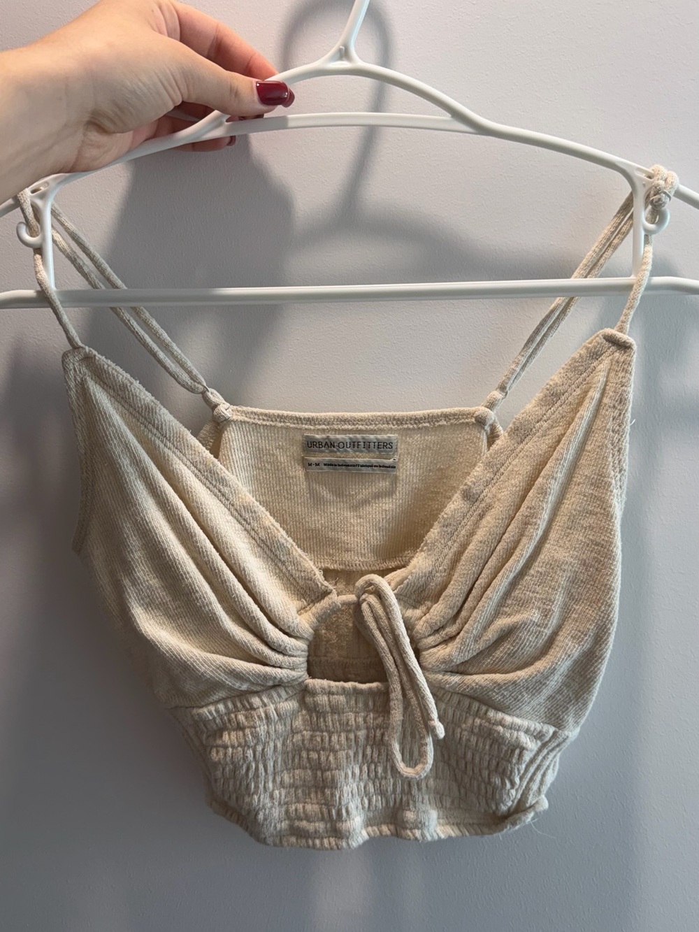 Urban Outfitters Cream Ribbed Tie-Front Top with Drawstring